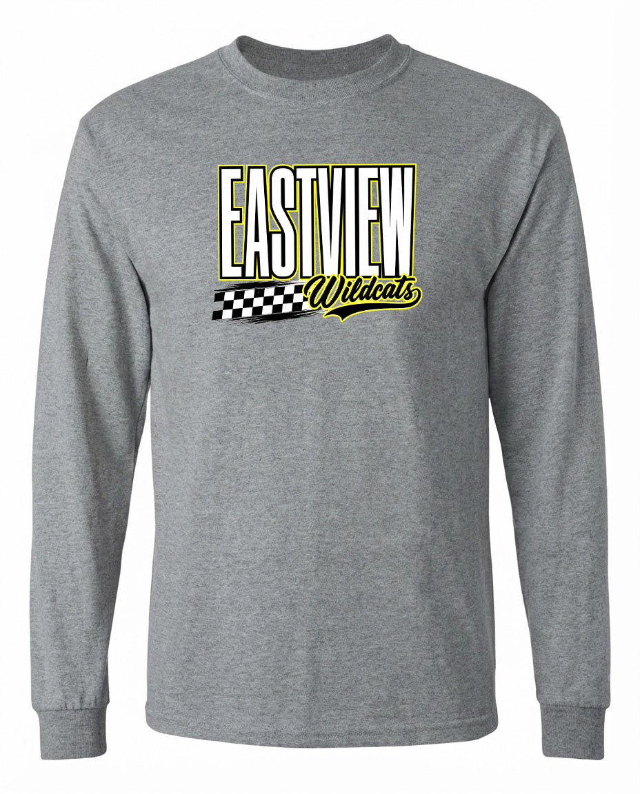 A gray long-sleeved t-shirt with a graphic design featuring the text "EASTVIEW Wildcats" in a stylized font.