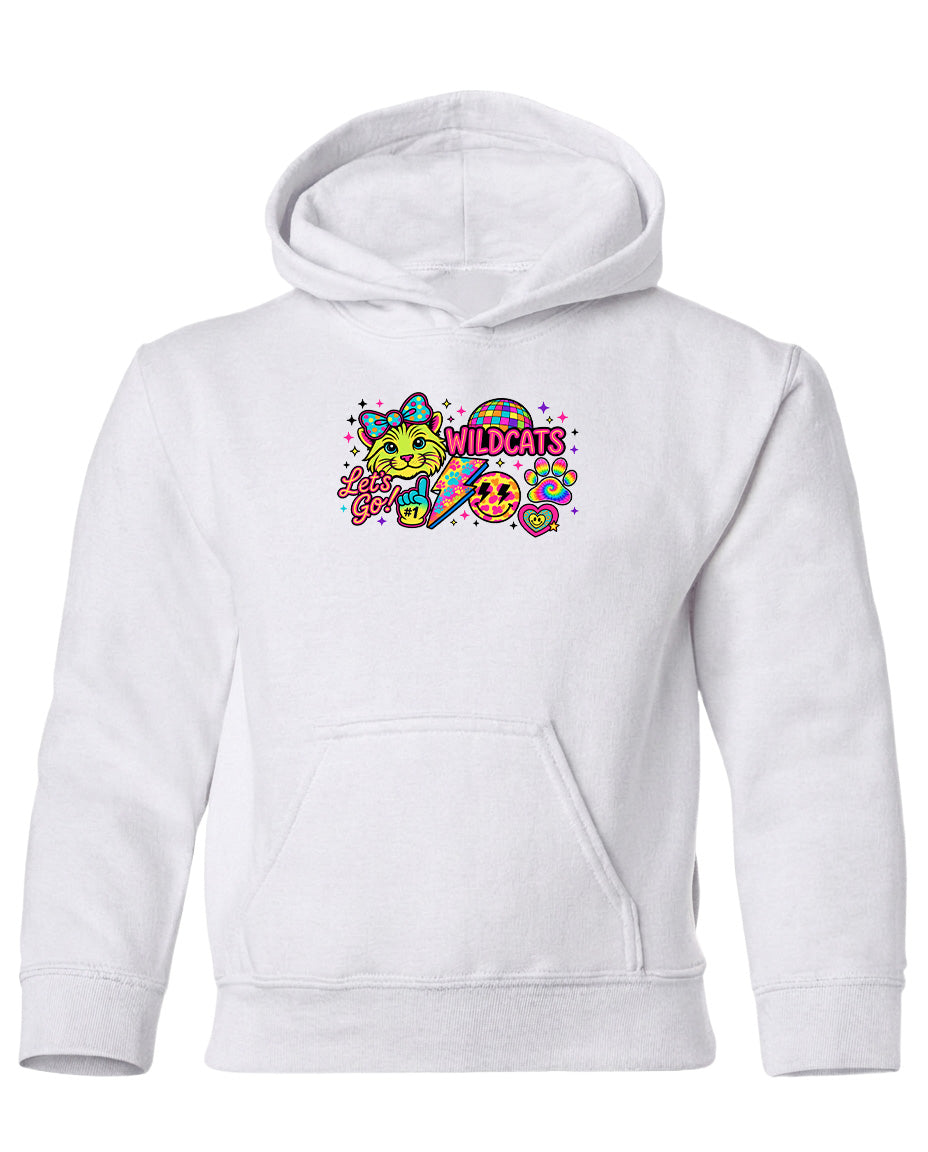 A white hoodie with a colorful graphic design featuring a cat, a smiley face, and the text "WILDCATS" in a playful font.