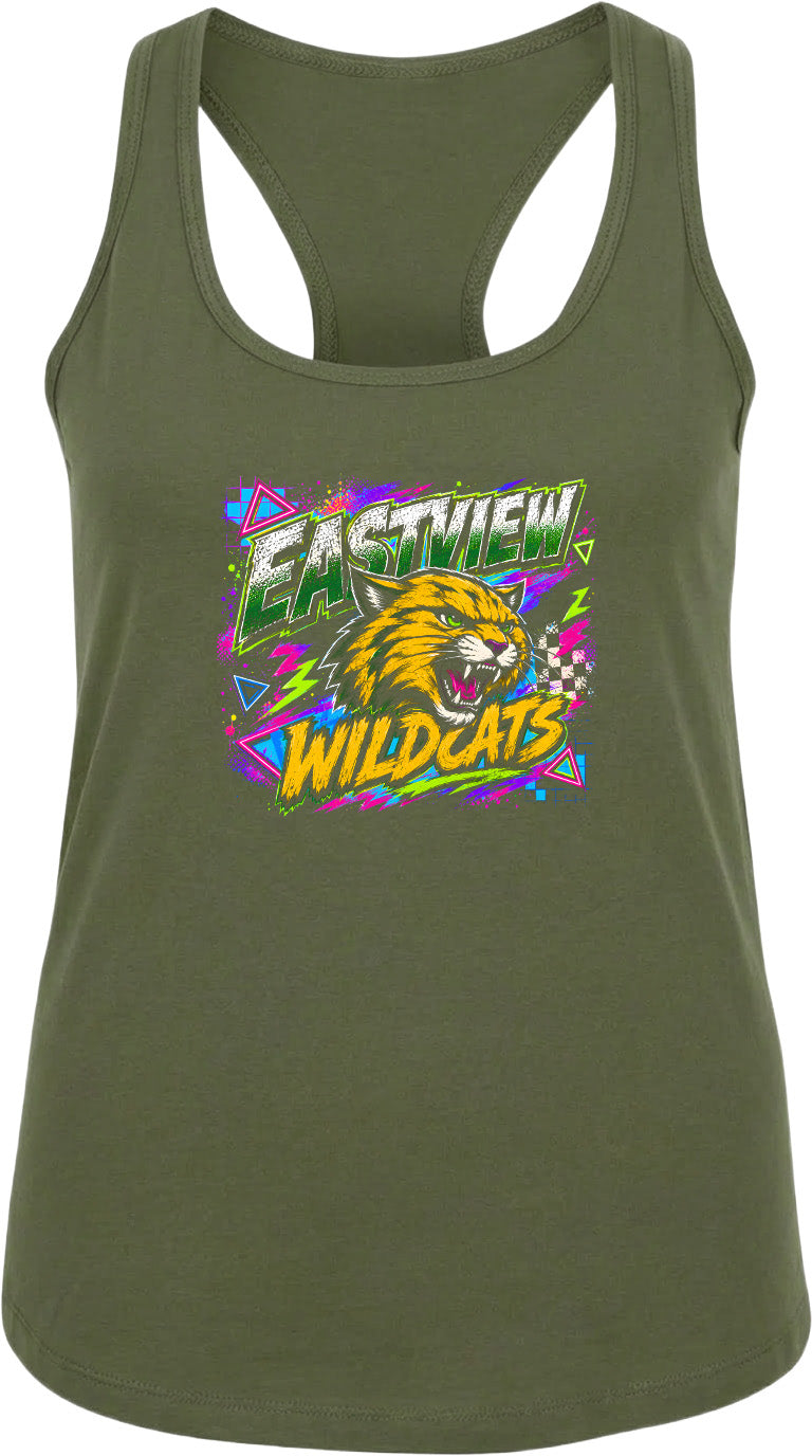 A green tank top with a graphic design featuring a cat's head and the text "EASTVIEW WILDCATS" in a colorful, retro-style font.