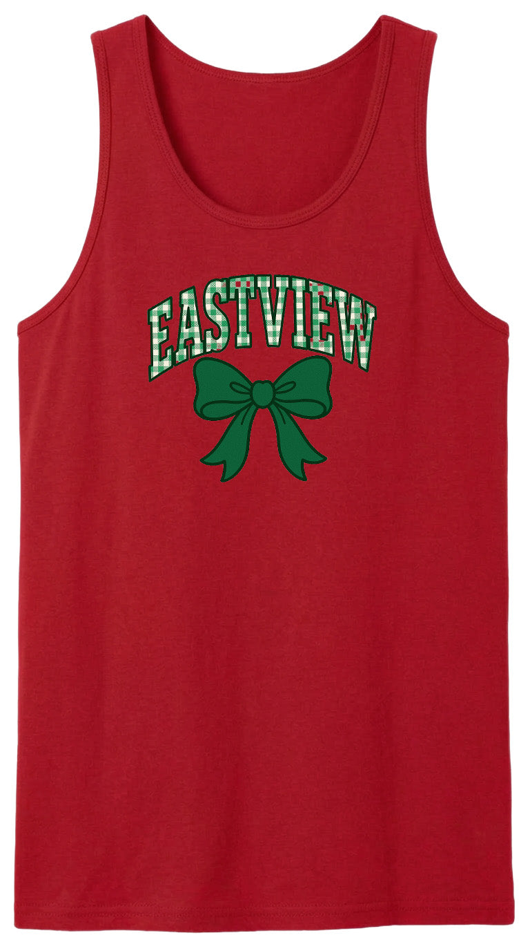 A red tank top with the word "EASTVIEW" and a green bow printed on it.