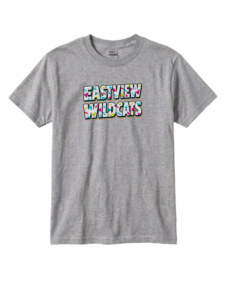 A gray t-shirt with the text "EASTVIEW WILDCATS" printed on it in a colorful, stylized font.