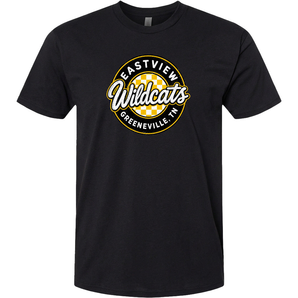 A black t-shirt with a graphic design featuring the text "EASTVIEW Wildcats" and "Greeneville, TN" in a circular pattern.