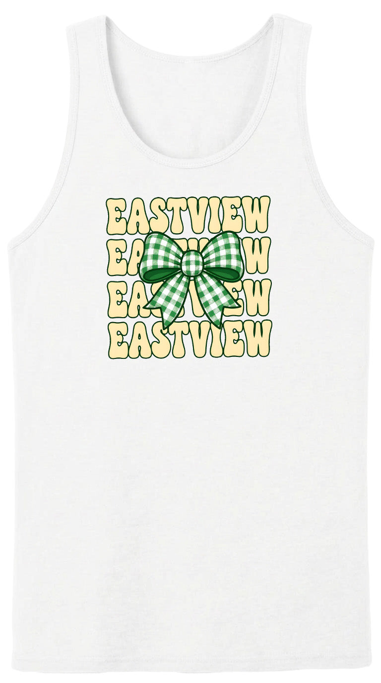 A white tank top with a green and white checkered bow and the text "EASTVIEW" repeated in a vertical pattern.