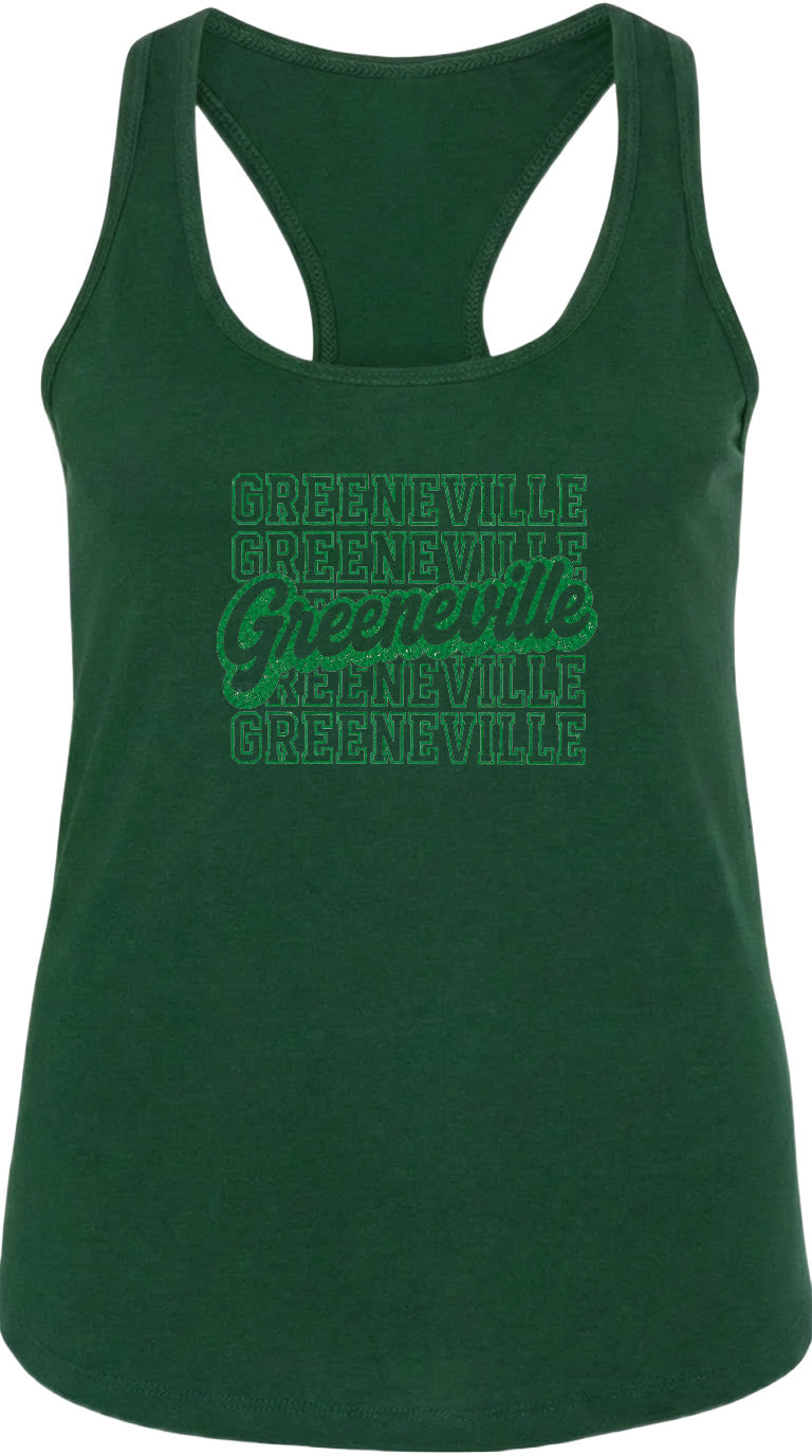 A dark green tank top with the text "GREENVILLE" printed on it in a stylized font.
