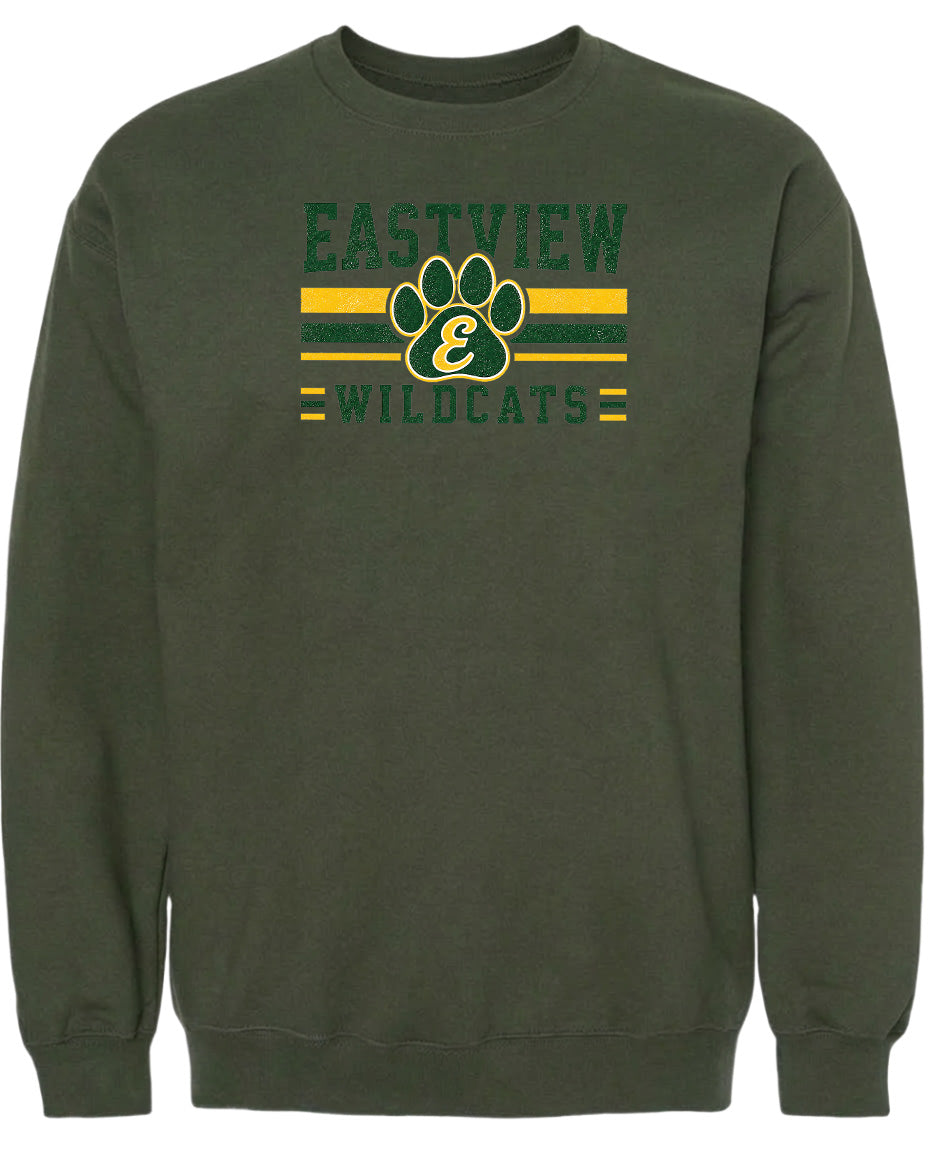 A dark green sweatshirt with a graphic design featuring a paw print and the text "EASTVIEW WILDCATS" printed on it.