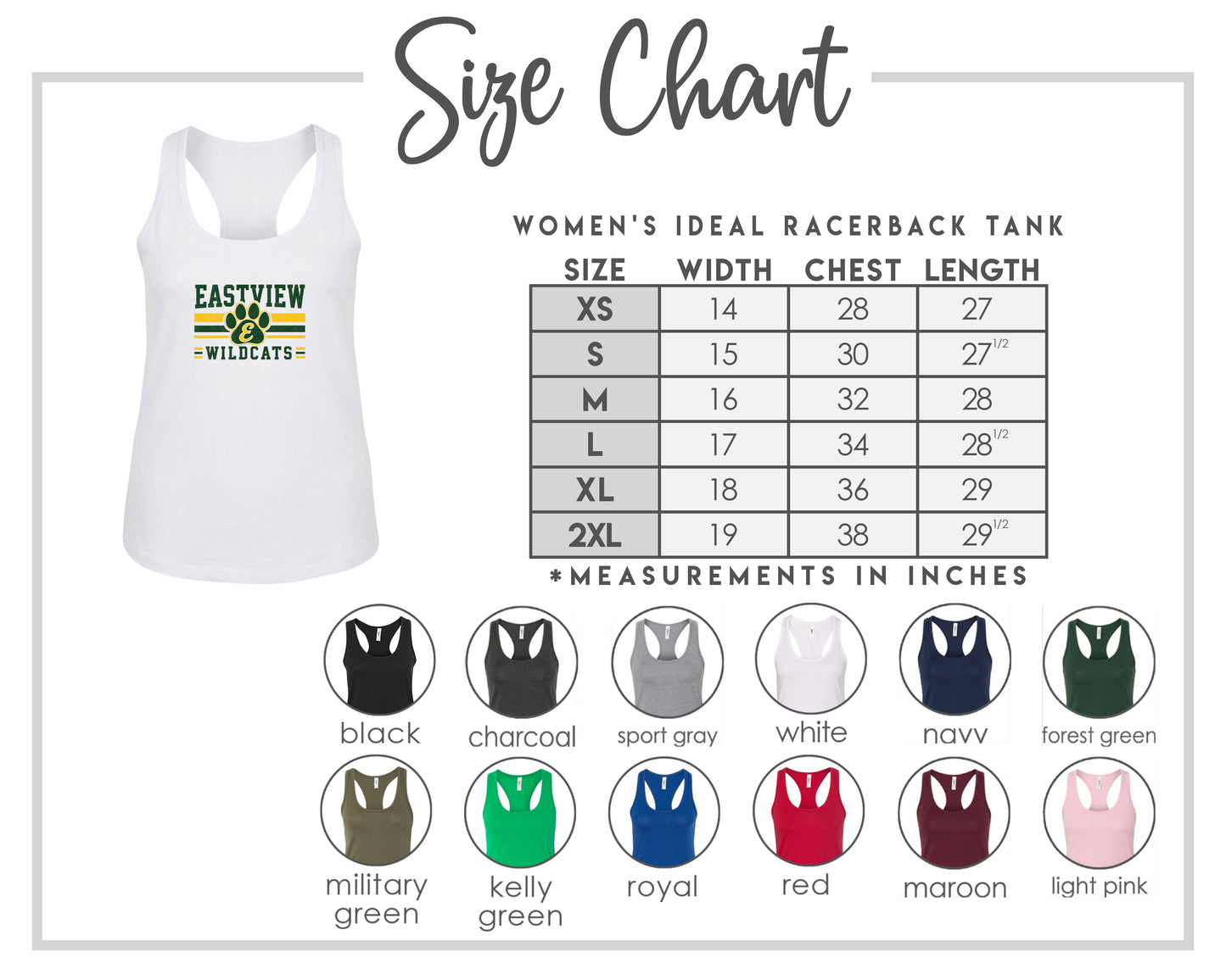 The image is a size chart for a women's ideal racerback tank, including various color options and corresponding chest measurements.