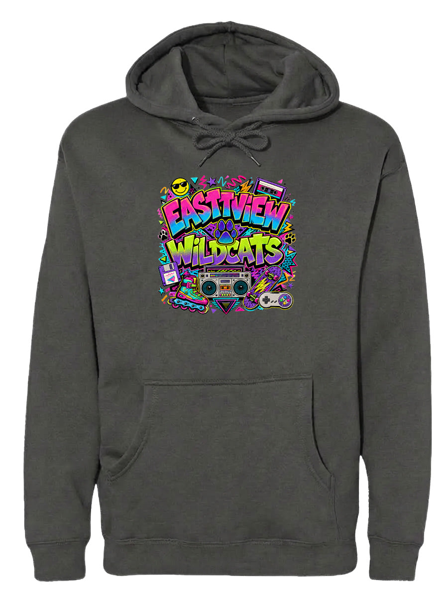 A gray hoodie with a colorful graphic design featuring a boombox, sunglasses, and various other retro-style elements.
