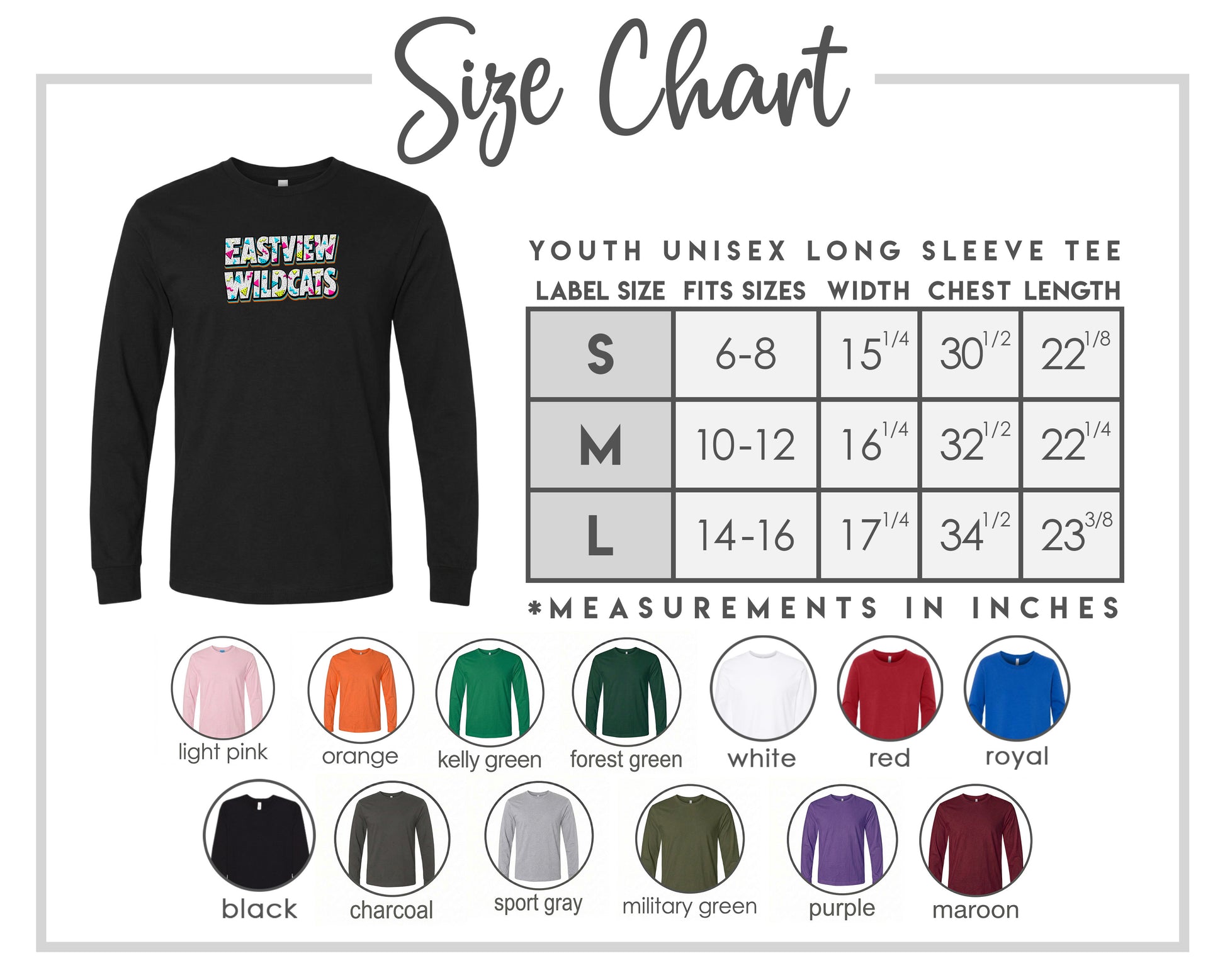 The image is a size chart for a youth unisex long sleeve t-shirt. It includes a black t-shirt with the text "EASTVIEW WILDCATS" printed on it, along with a table of size measurements and corresponding color options.