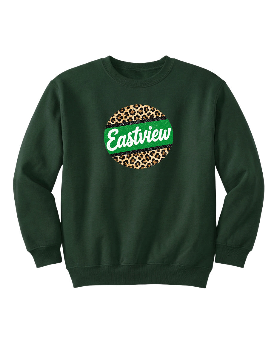 A dark green sweatshirt with a leopard print design and the word "Eastview" printed on it.