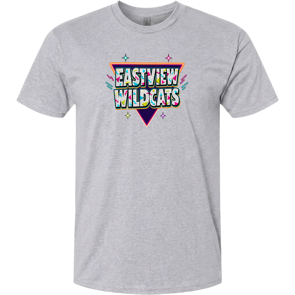 A gray t-shirt with a colorful graphic design featuring the text "EASTVIEW WILDCATS" in a bold, stylized font.