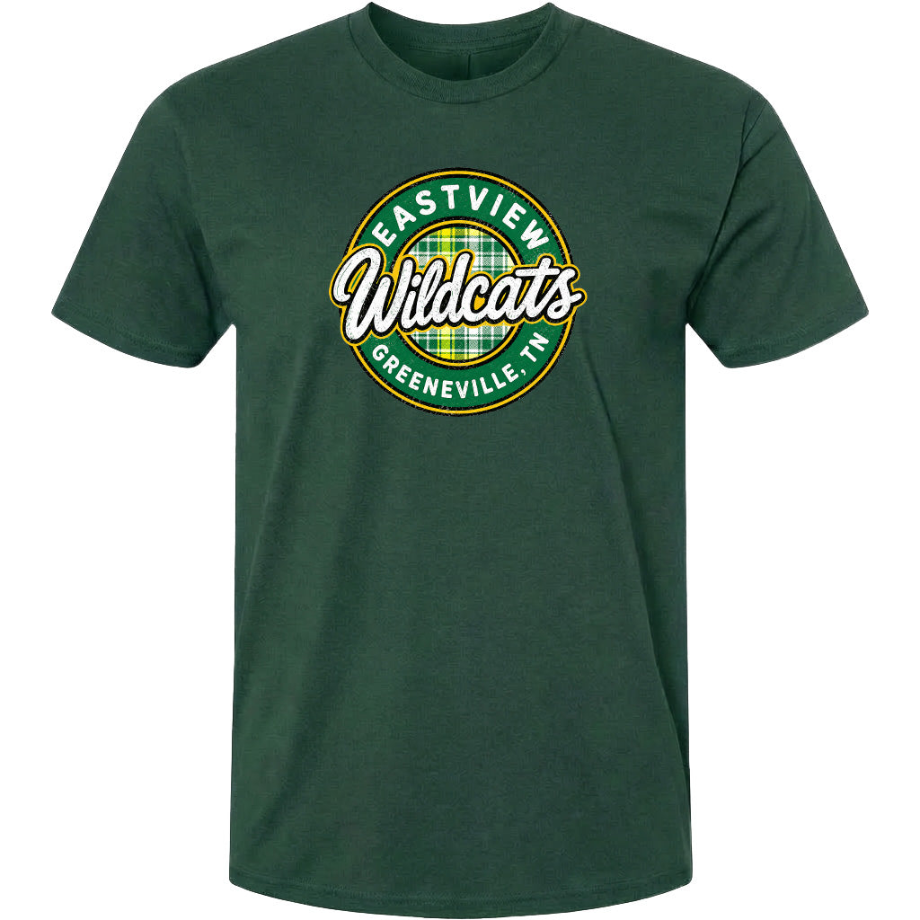 A green t-shirt with a circular logo that says "Eastview Wildcats Greeneville, TN".