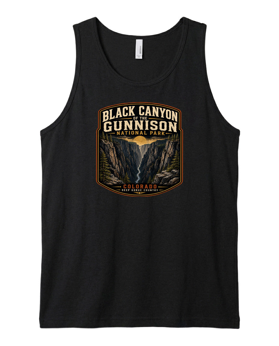 A black tank top with a graphic design depicting the Black Canyon of the Gunnison National Park in Colorado.