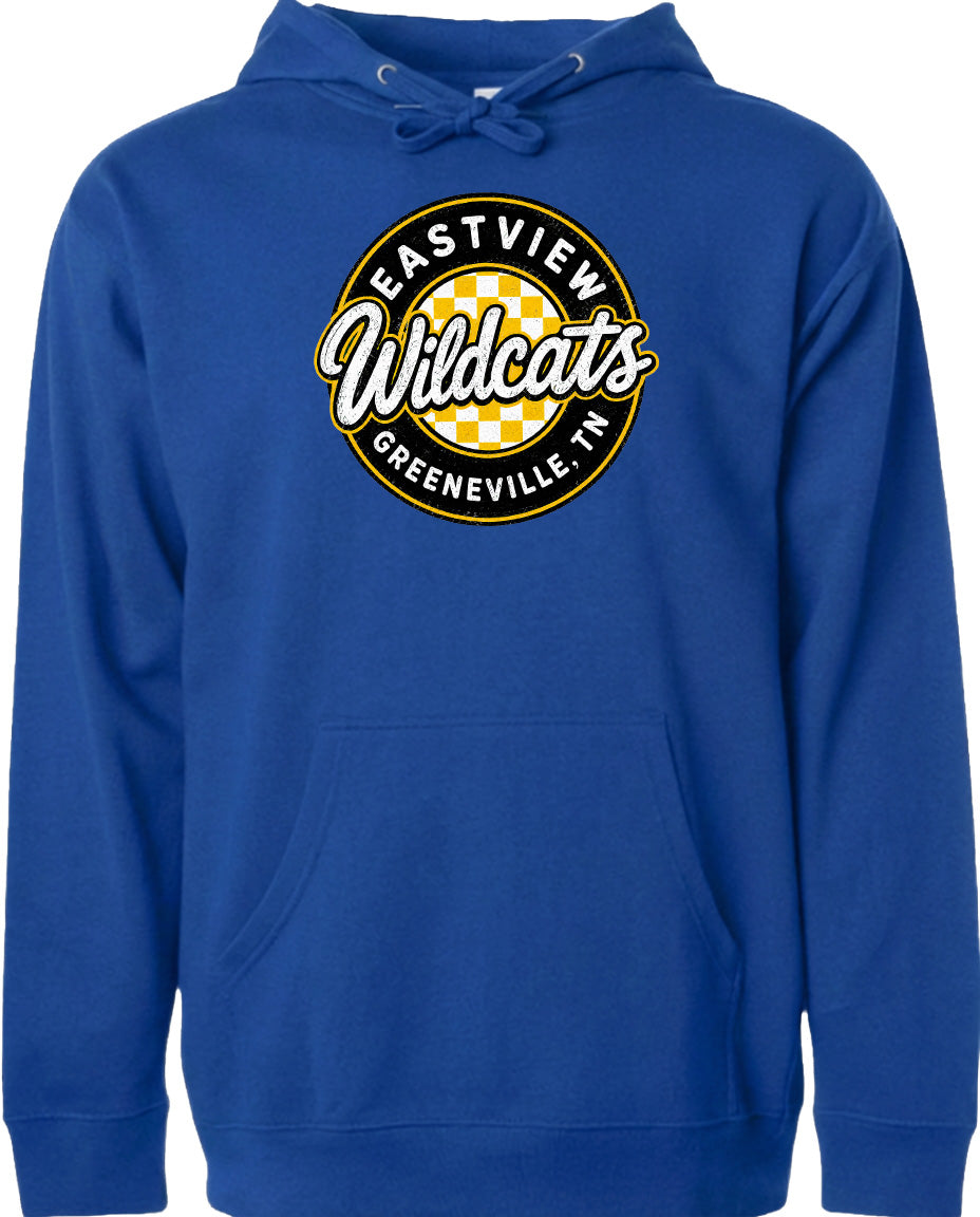 A blue hoodie with a logo on the front.