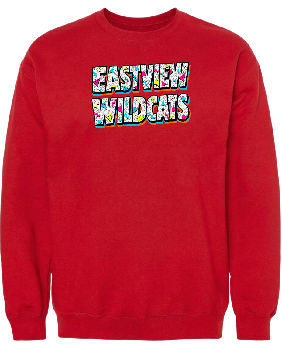 A red sweatshirt with the text "EASTVIEW WILDCATS" printed on it.