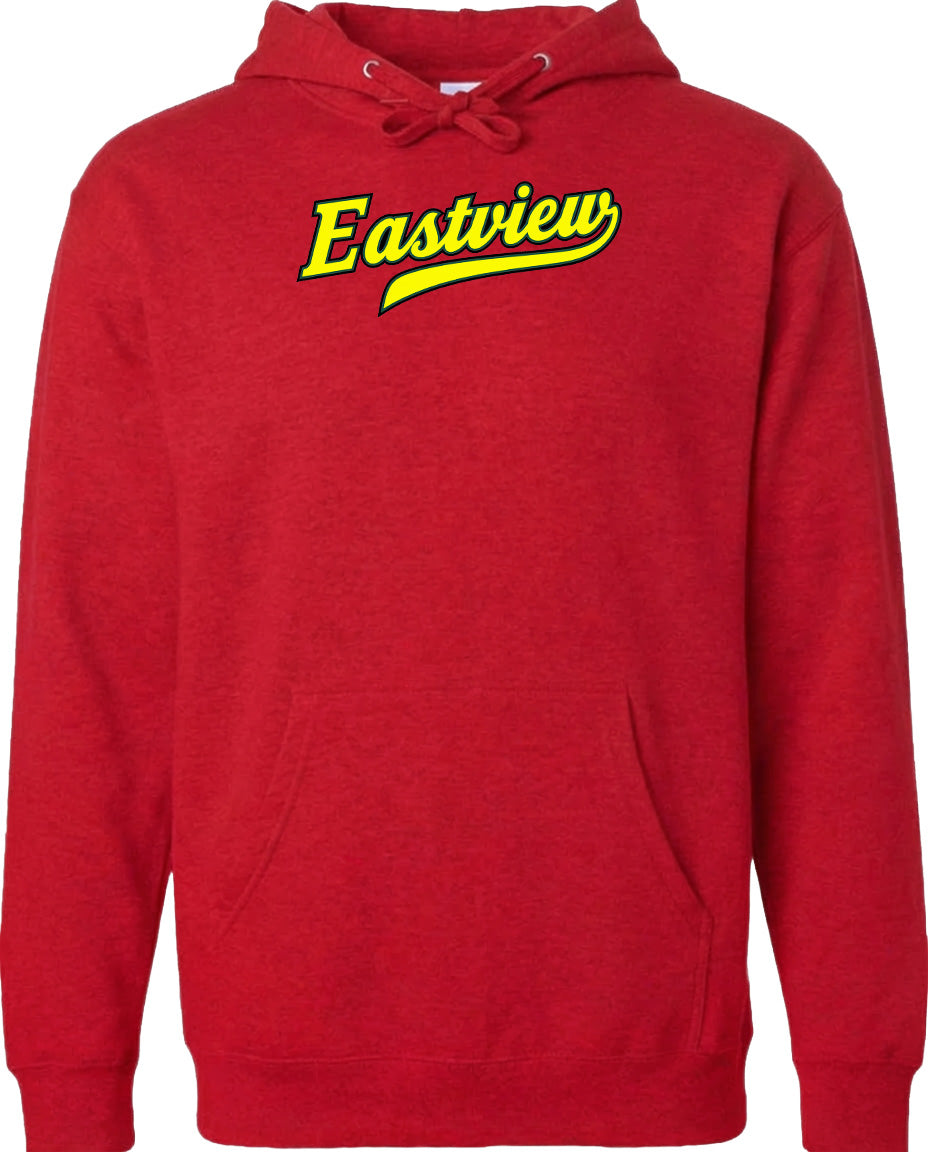 A red hoodie with the word "Eastview" printed on it in yellow text.