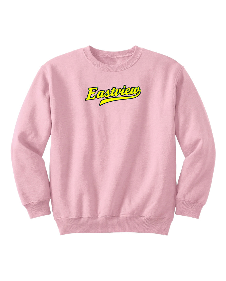 A pink sweatshirt with the word "Eastview" printed in yellow on the front.