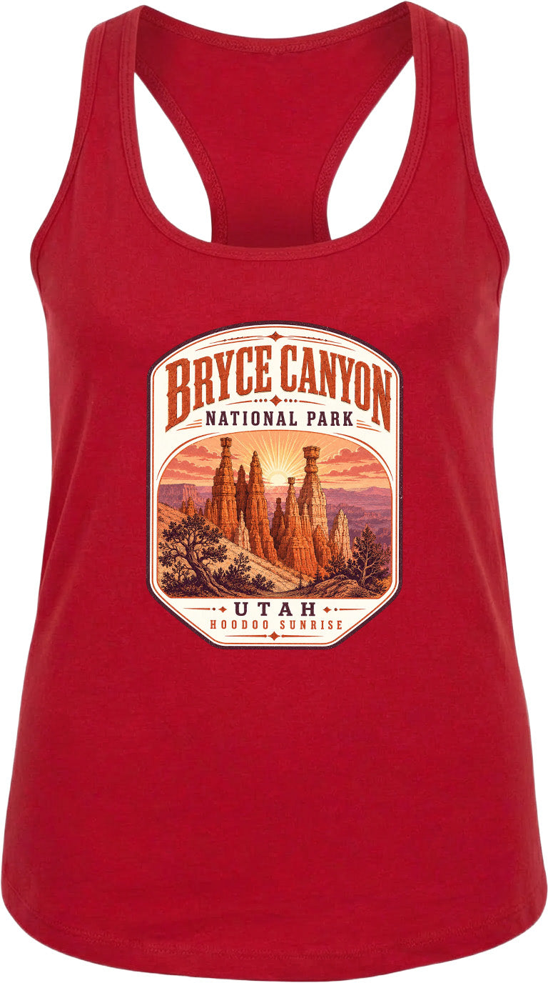 A red tank top with a graphic design depicting Bryce Canyon National Park and Utah Hoodoo Sunset.