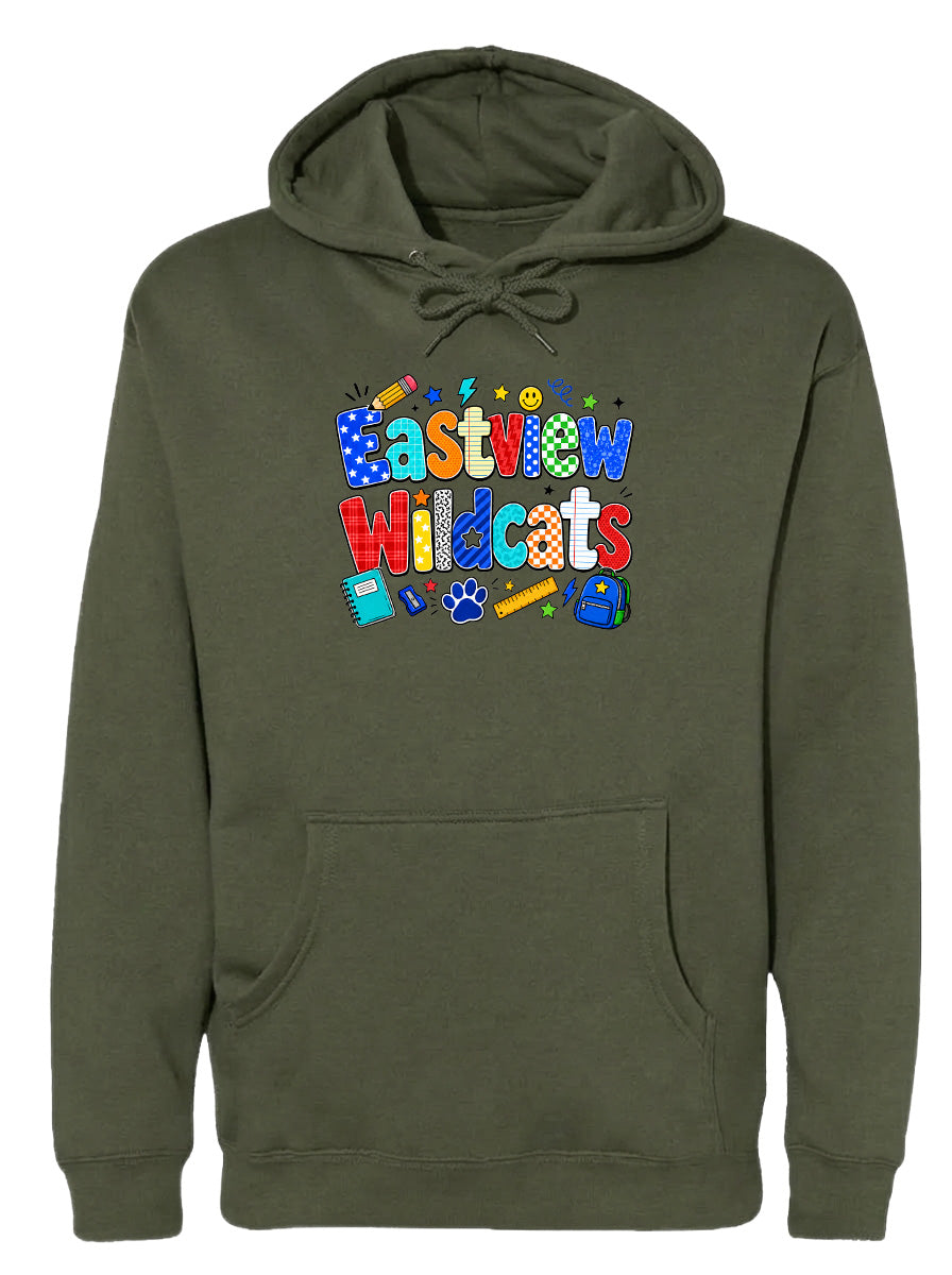 A green hoodie with a colorful graphic design featuring the text "Eastview Wildcats" and various school-related icons.