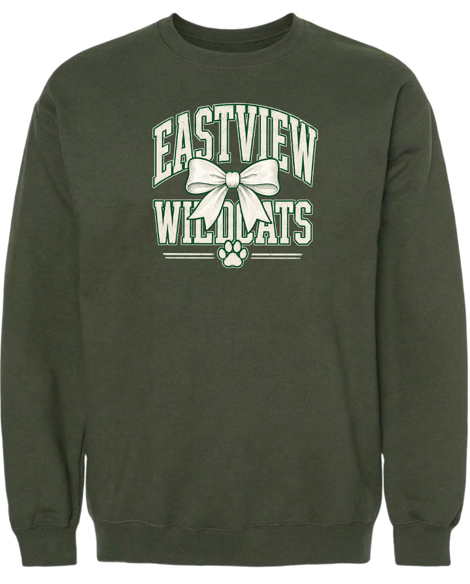 A dark green sweatshirt with a white graphic design on the front.