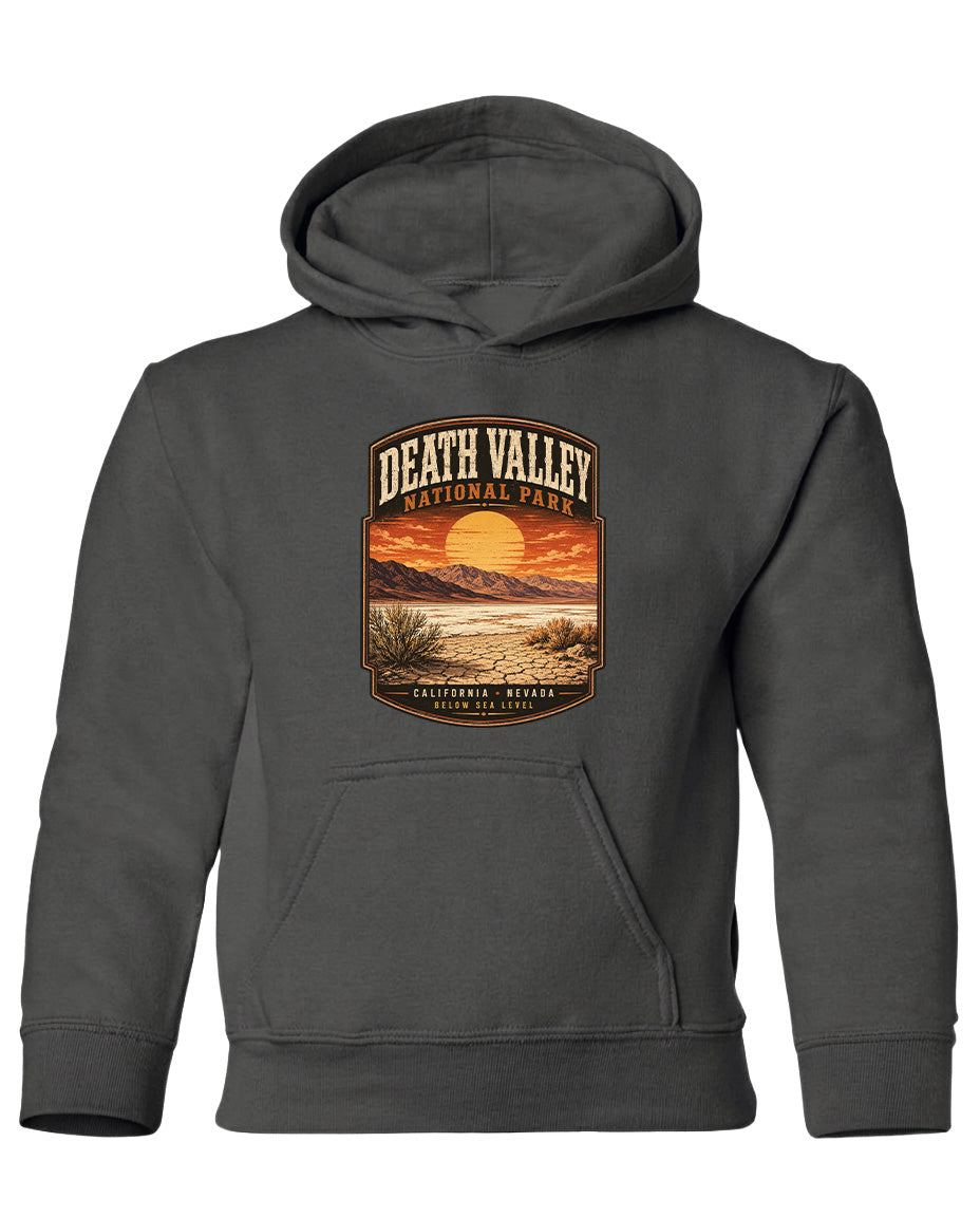A gray hooded sweatshirt with a graphic design depicting a sunset over Death Valley National Park.