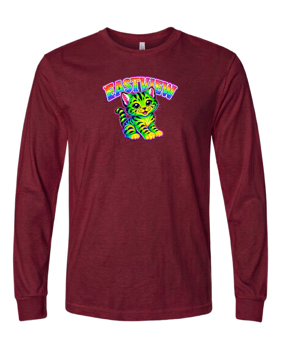 A long-sleeved burgundy-colored t-shirt with a colorful graphic of a cat and the text "EASTVIEW" printed on it.