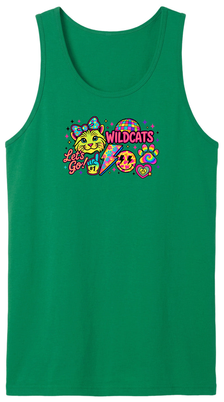 A green tank top with a colorful graphic design featuring a cartoon cat and the text "Let's Go! Wildcats" along with various other colorful and whimsical elements.