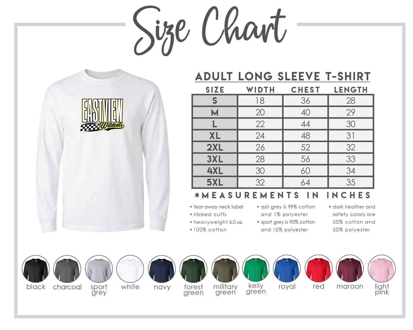 The image is a size chart for an adult long sleeve t-shirt, providing measurements and corresponding shirt colors.