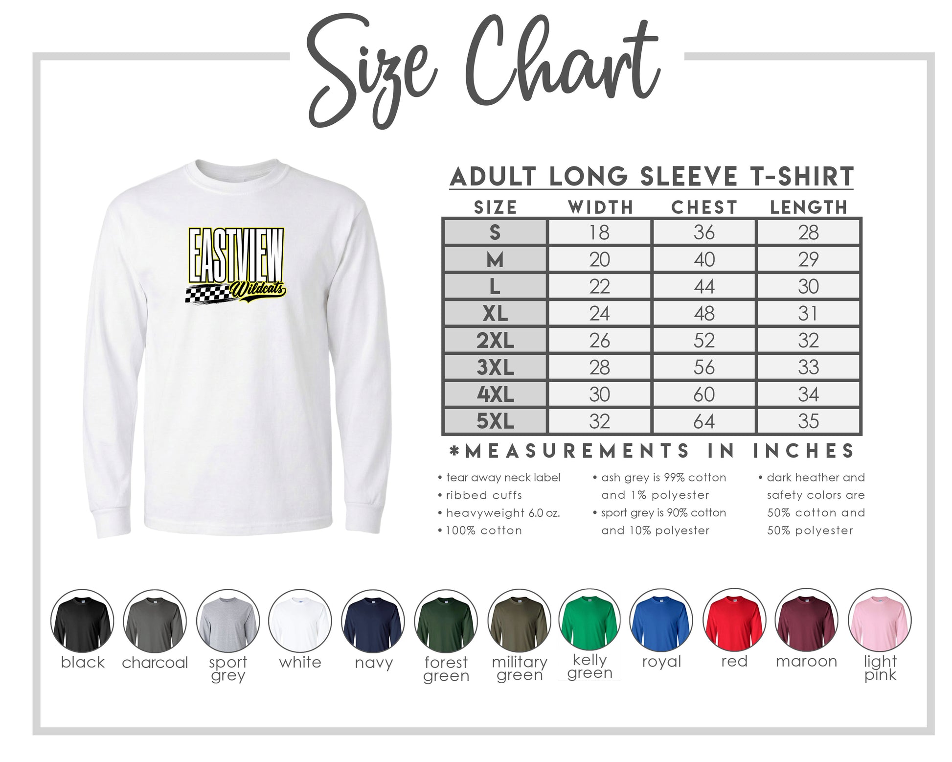 The image is a size chart for an adult long sleeve t-shirt, providing measurements and corresponding shirt colors.