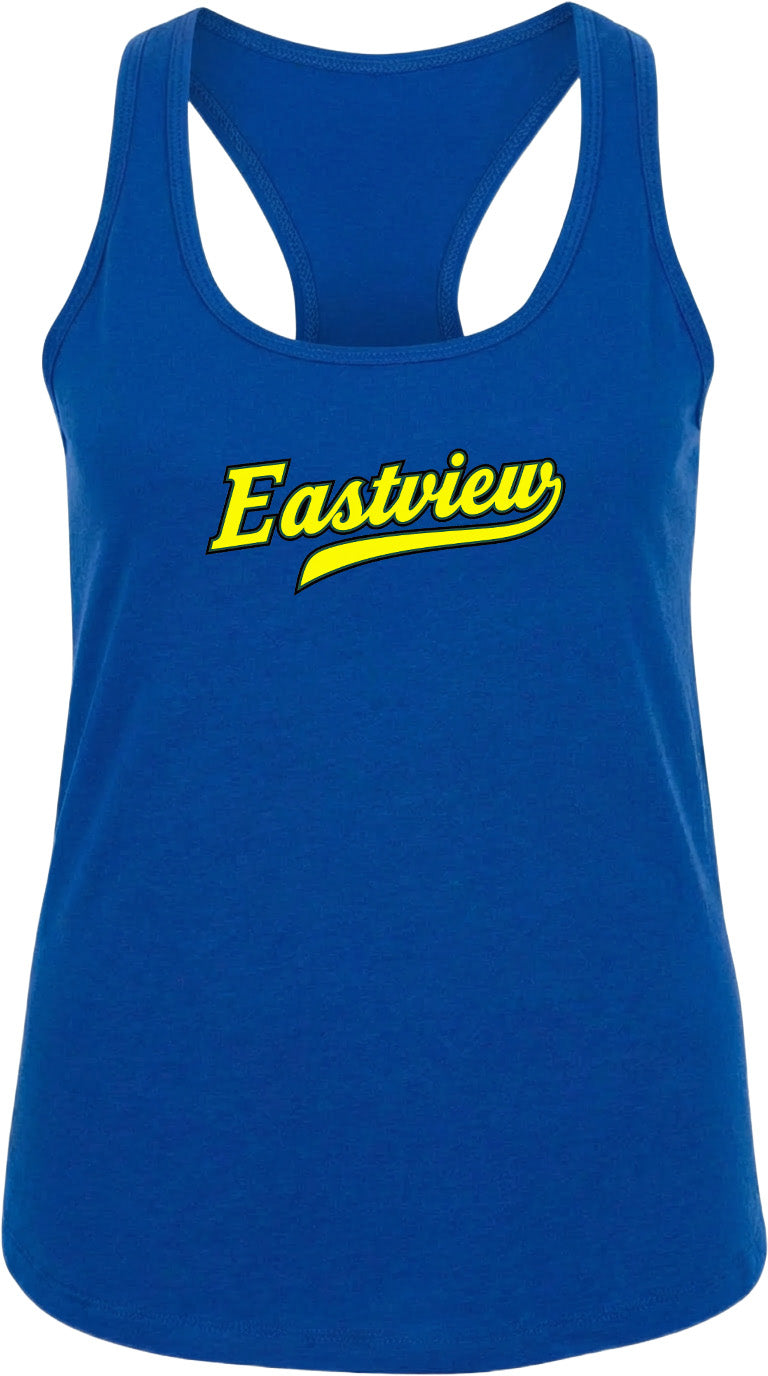 A blue tank top with the word "Eastview" printed in yellow on it.