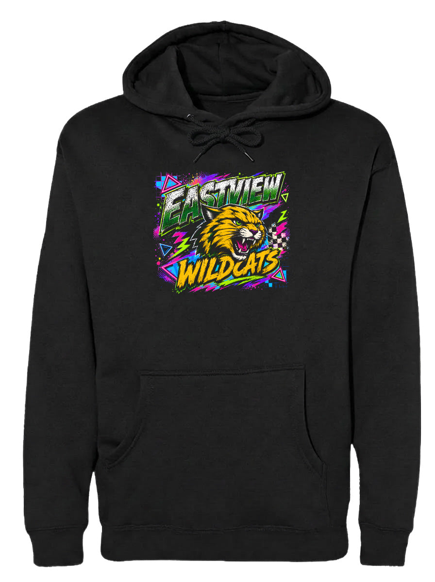 A black hoodie with a graphic design featuring a yellow and black wildcat's head surrounded by colorful geometric shapes and the text "EASTVIEW WILDCATS".
