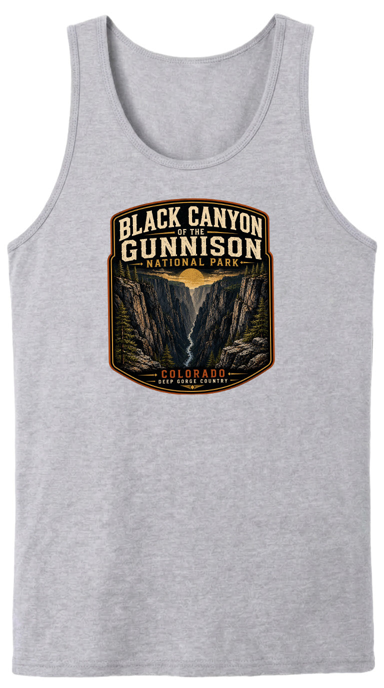 A gray tank top with a graphic design depicting the Black Canyon of the Gunnison National Park in Colorado.