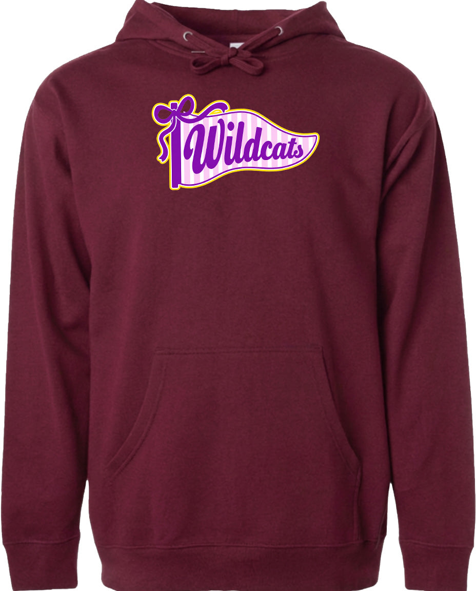A burgundy hoodie with a graphic design featuring the text "Wildcats" in purple and yellow colors.