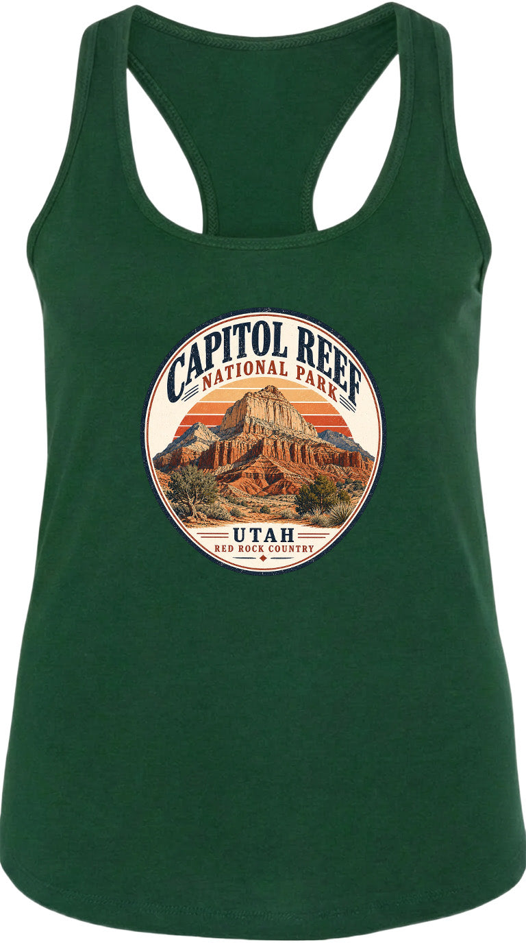 A green tank top with a circular graphic design featuring the Capitol Reef National Park in Utah.