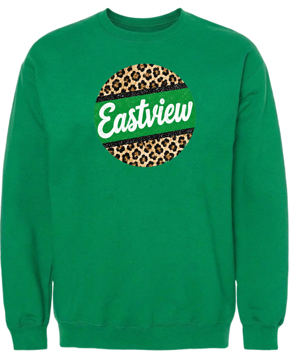 A green sweatshirt with a leopard print design and the word "Eastview" printed on it.