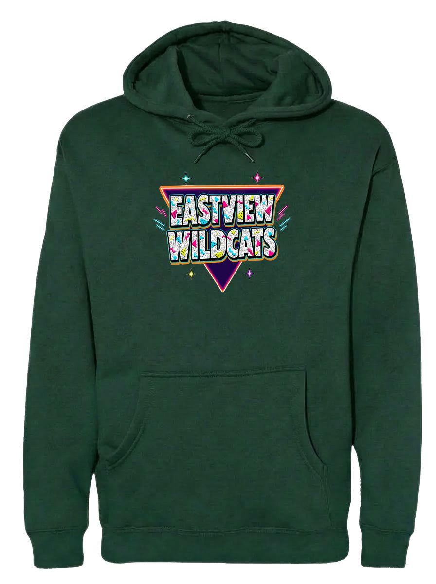 A green hoodie with a graphic design featuring the text "EASTVIEW WILDCATS" in a colorful, retro-style font.