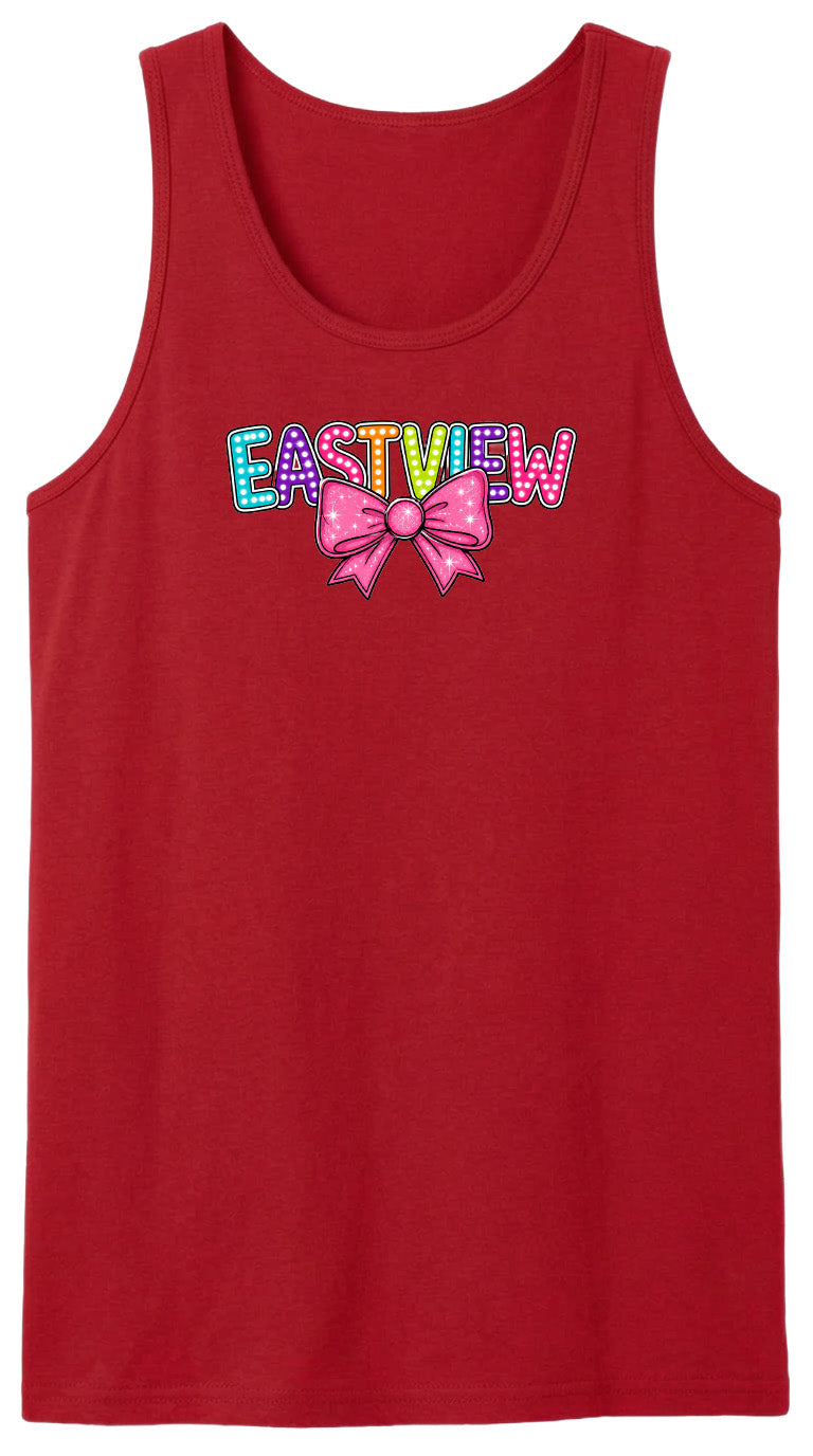 A red tank top with the word "EASTVIEW" printed on it in a colorful, stylized font.