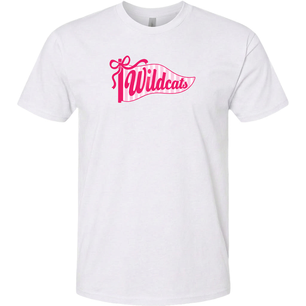A white t-shirt with a pink and white graphic design featuring the text "Wildcats" and a ribbon-like shape.