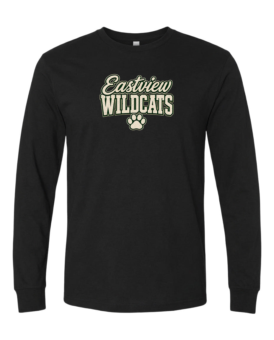 A black long-sleeved t-shirt with the text "Eastview Wildcats" printed on it.