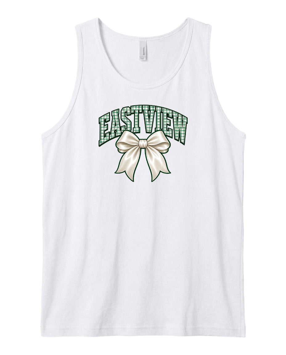 A white tank top with a green bow and the word "EASTVIEW" printed on it.