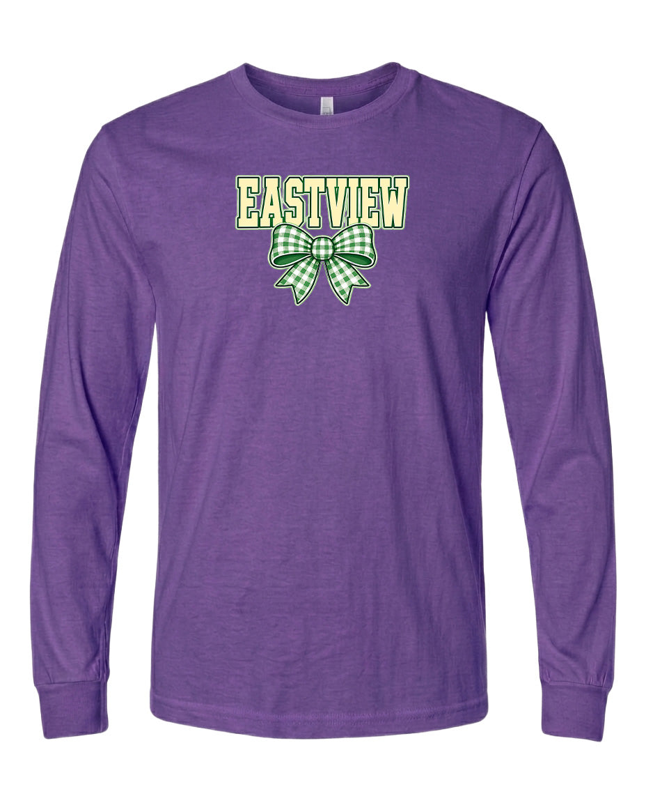 A purple long-sleeved t-shirt with a green and white bow graphic and the word "EASTVIEW" printed on it.