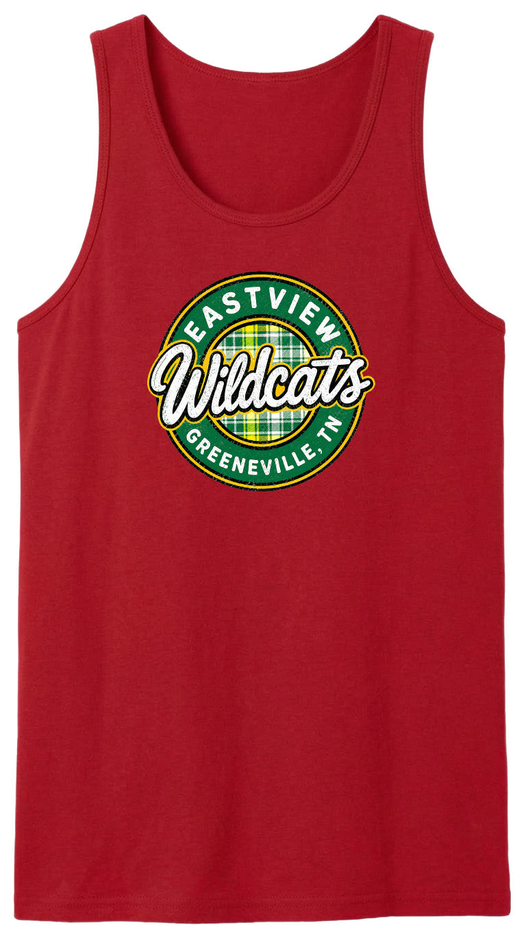 A red tank top with a circular logo that says "Eastview Wildcats Greeneville, TN".
