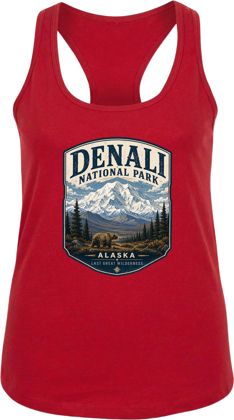 A red tank top with a graphic design depicting the Denali National Park in Alaska, featuring a mountain landscape and a bear.