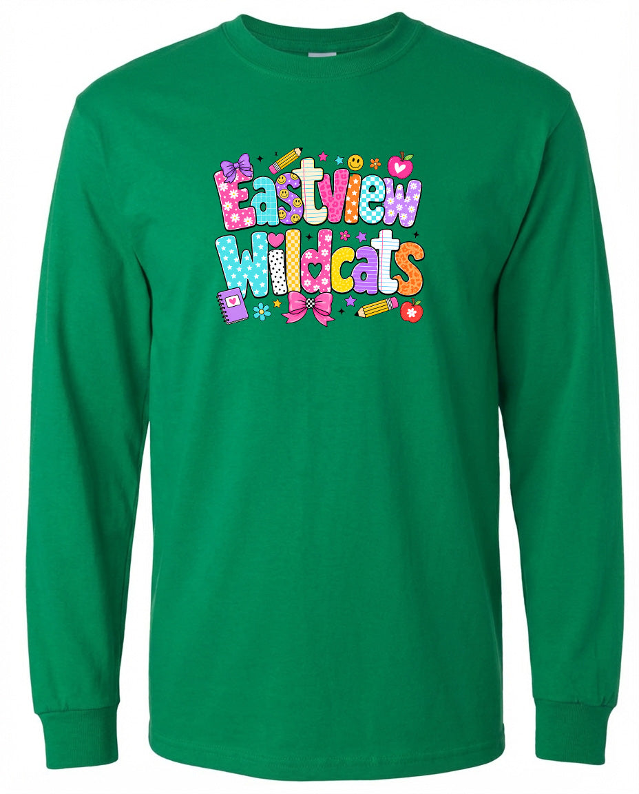 A long-sleeved green t-shirt with colorful text and graphics printed on it.
