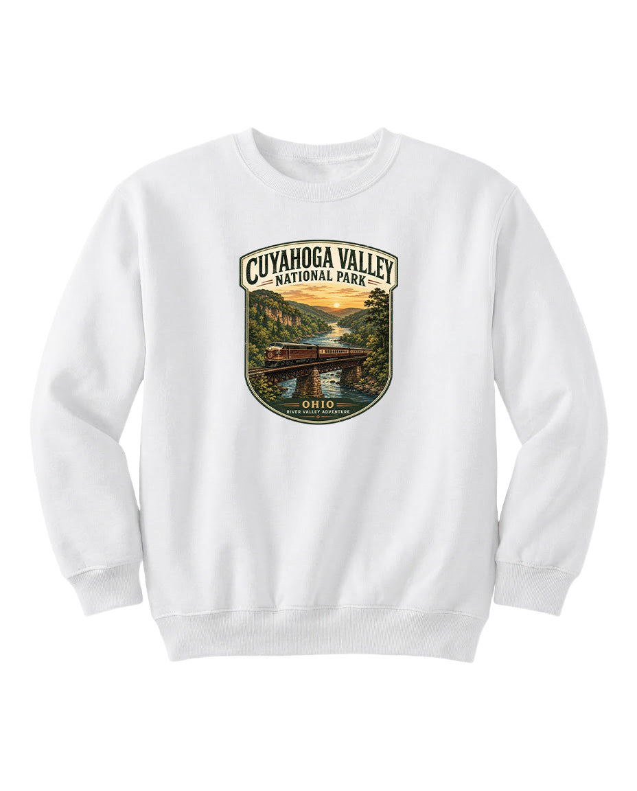 A white sweatshirt with a graphic design depicting a scenic view of the Cuyahoga Valley National Park in Ohio.