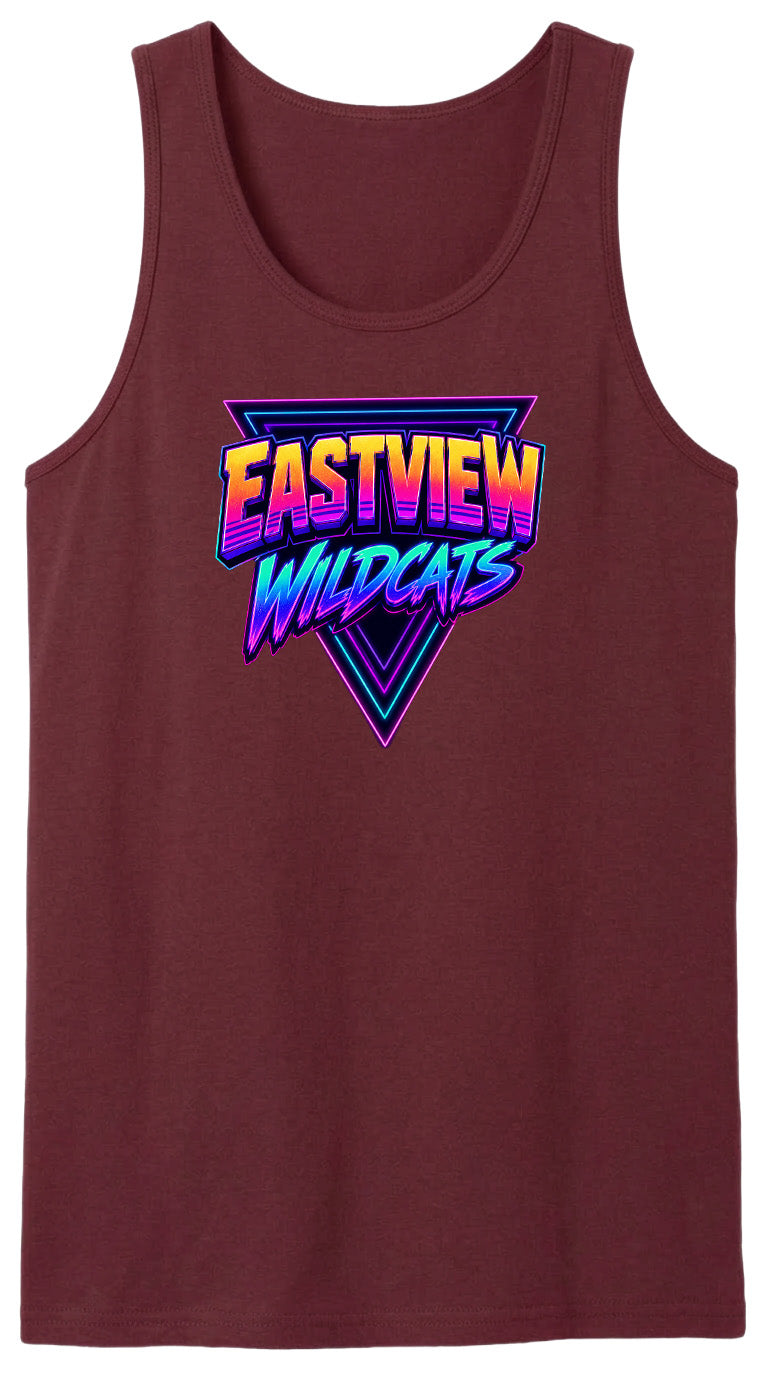 A burgundy tank top with a graphic design featuring the text "EASTVIEW WILDCATS" in a colorful, retro-style font.