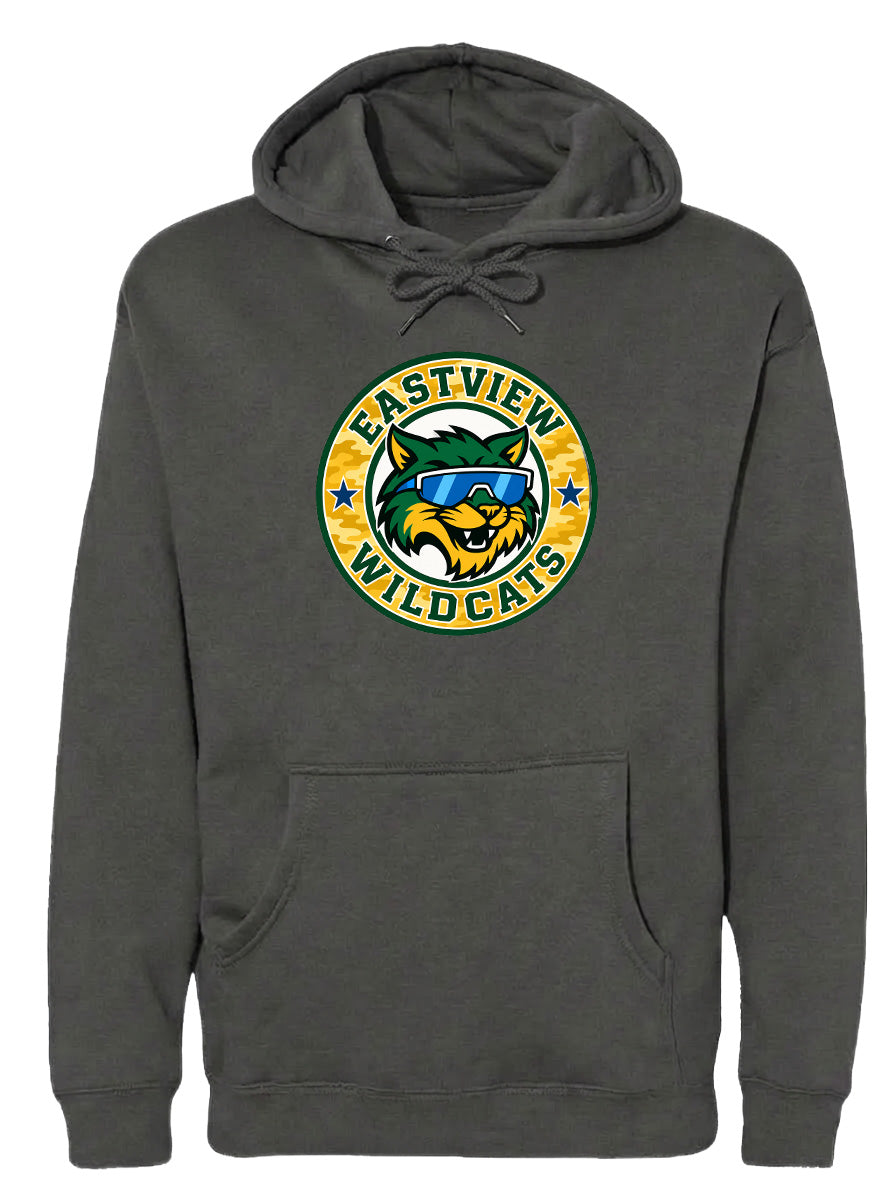 A gray hoodie with a circular logo featuring a cartoon cat wearing sunglasses and the text "EASTVIEW WILDCATS".