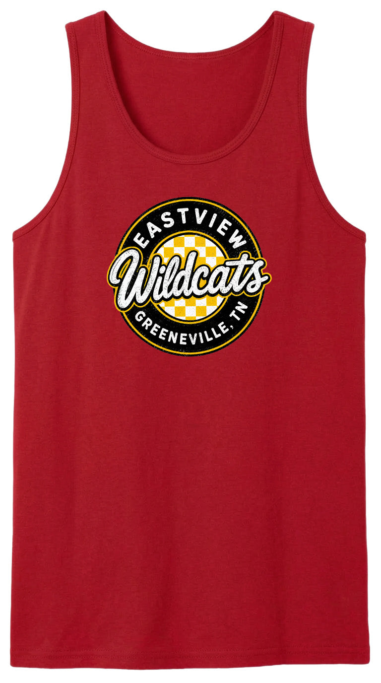 A red tank top with a logo that says "EASTVIEW WILDCATS GREENEVILLE, TENN."