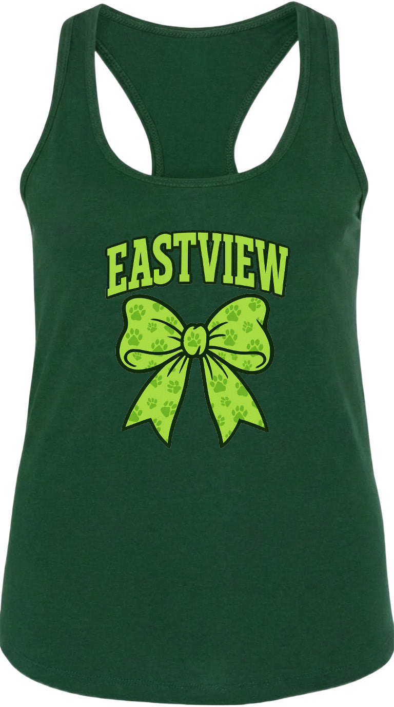 A green tank top with a bow and paw prints printed on it.