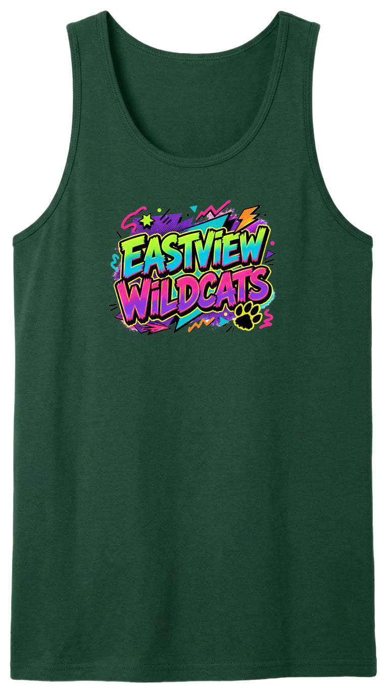 A green tank top with a colorful graphic design featuring the text "EASTVIEW WILDCATS" in a vibrant, graffiti-style font.