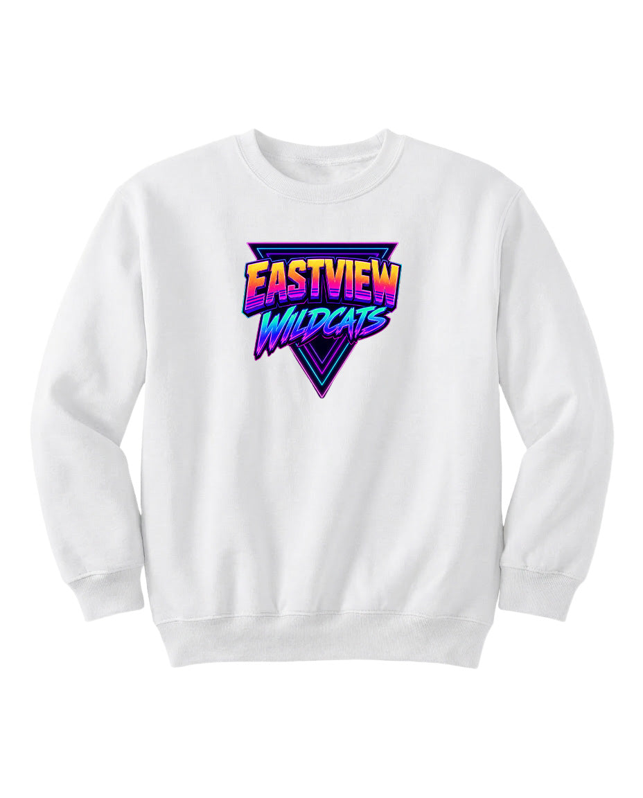 A white sweatshirt with a graphic design featuring the text "EASTVIEW WILDCATS" in a colorful, retro-style font.